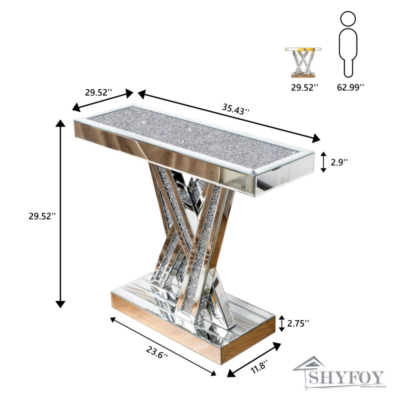 Modern Console Table Mirrored Finished, Glam Style W Silver Entryway Table Inlay with Sparkly Crushed Crystals, 35 inches Contemporary Accent Table fo