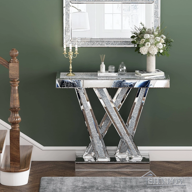 Modern Console Table Mirrored Finished, Glam Style W Silver Entryway Table Inlay with Sparkly Crushed Crystals, 35 inches Contemporary Accent Table fo