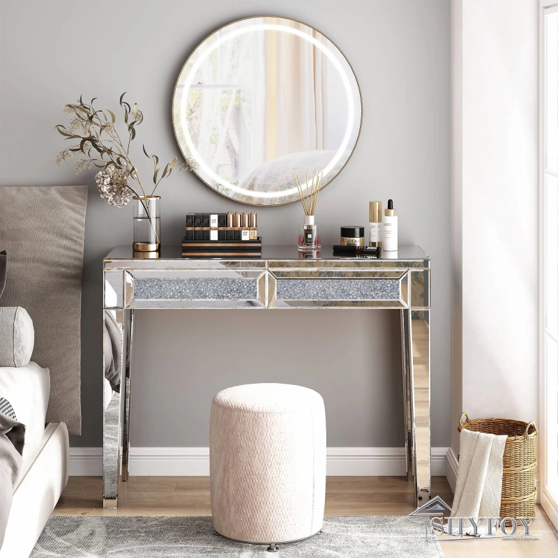 SHYFOY Mirrored Vanity Dresser with Drawers for Bedroom, Silver Make Up Table Inlay with Crushed Crystals, Modern Console Table Accent Sofa Table for