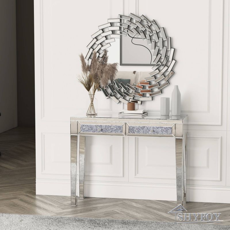SHYFOY Mirrored Vanity Dresser with Drawers for Bedroom, Silver Make Up Table Inlay with Crushed Crystals, Modern Console Table Accent Sofa Table for