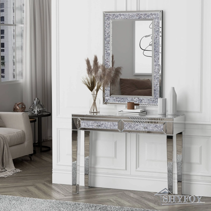 SHYFOY Mirrored Vanity Dresser with Drawers for Bedroom, Silver Make Up Table Inlay with Crushed Crystals, Modern Console Table Accent Sofa Table for