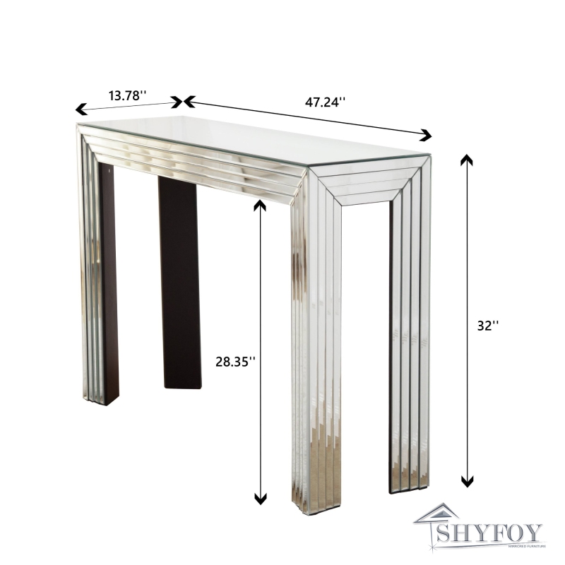 SHYFOY Mirrored Console Table,Silver Entryway Table with Line Design Mirror Finished