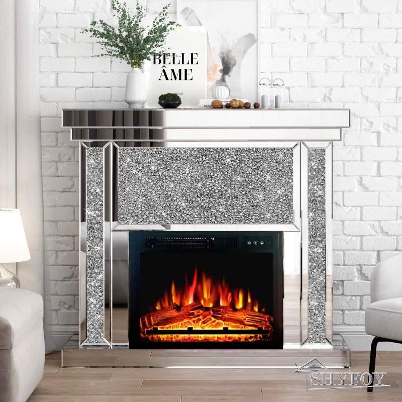 SHYFOY Mirrored Electric Fireplace, Fireplace Mantel Freestanding Heater Firebox with Remote Control, 3D Flame / SF-F036