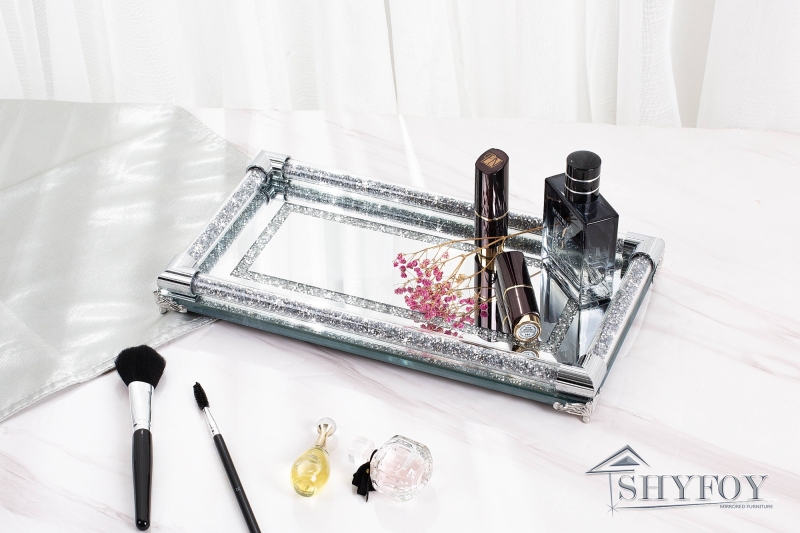 SHYFOY 12.5in Mirror Glass Perfume Tray Silver Ornate Vanity Tray Rectangle Makeup Tray Dresser Diamond Tray Jewelry Trinket Organizer Tray for Bathro