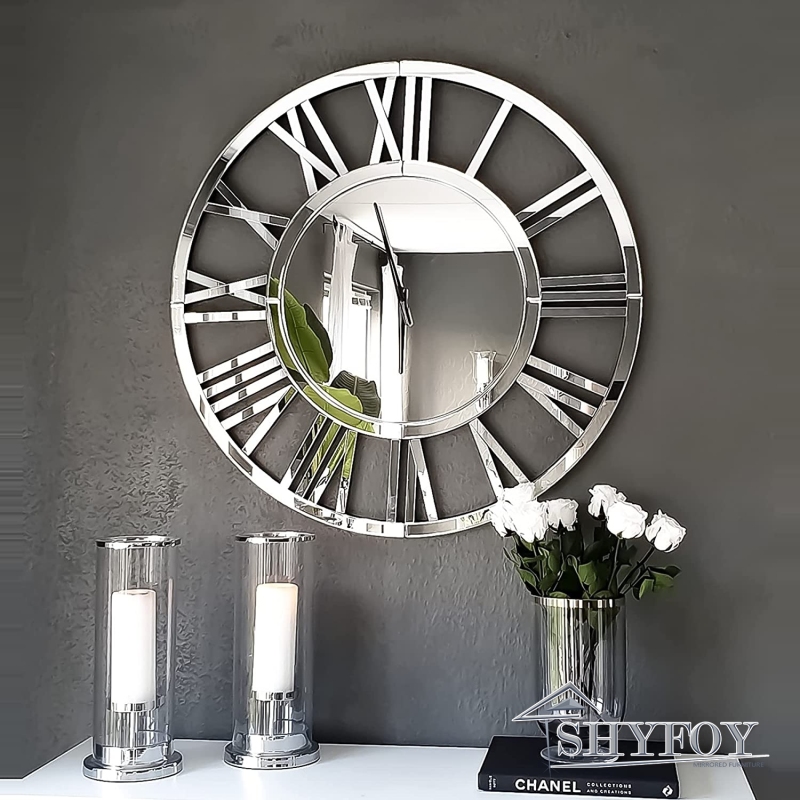 SHYFOY 24 inch Decorative Wall Clocks for Living Room Decor Modern Mirrored Big Clock for Wall Roman Numerals Frame Home Apartment Decoration, Batteri