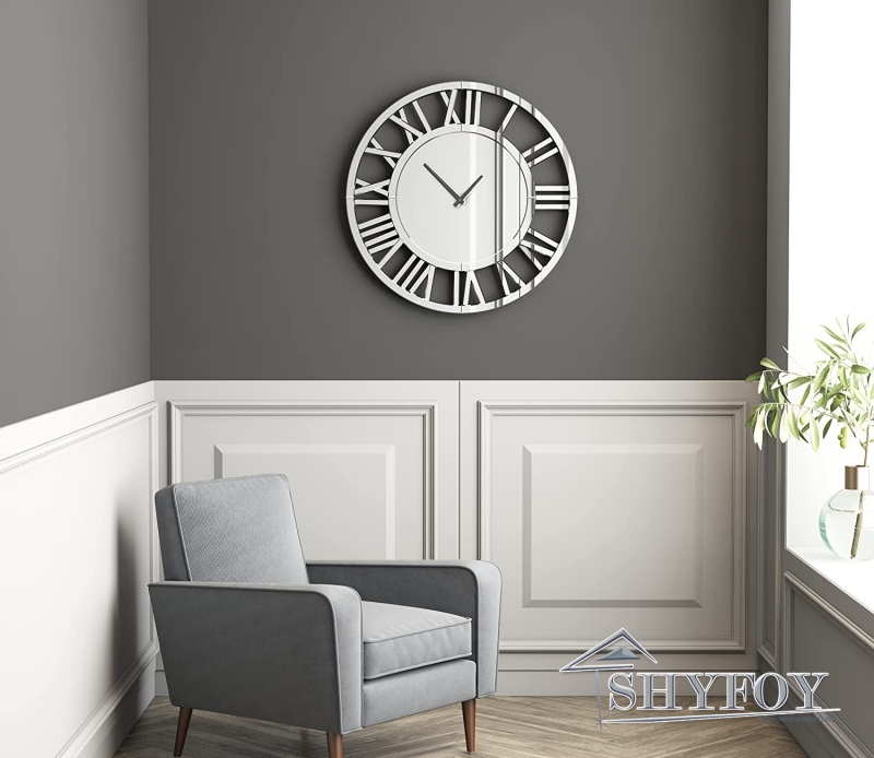 SHYFOY 24 inch Decorative Wall Clocks for Living Room Decor Modern Mirrored Big Clock for Wall Roman Numerals Frame Home Apartment Decoration, Batteri