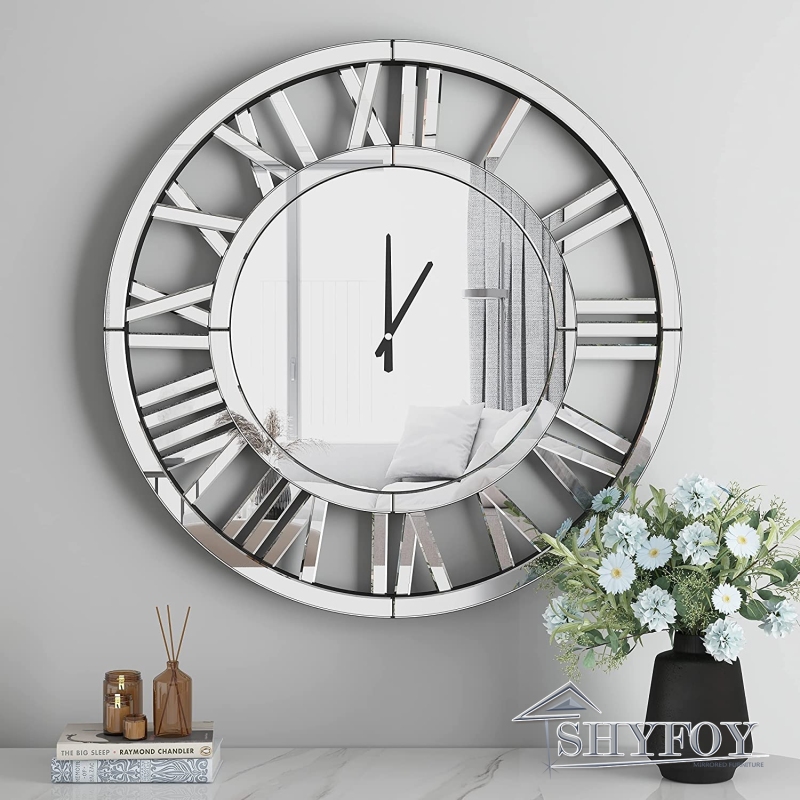 SHYFOY 24 inch Decorative Wall Clocks for Living Room Decor Modern Mirrored Big Clock for Wall Roman Numerals Frame Home Apartment Decoration, Batteri