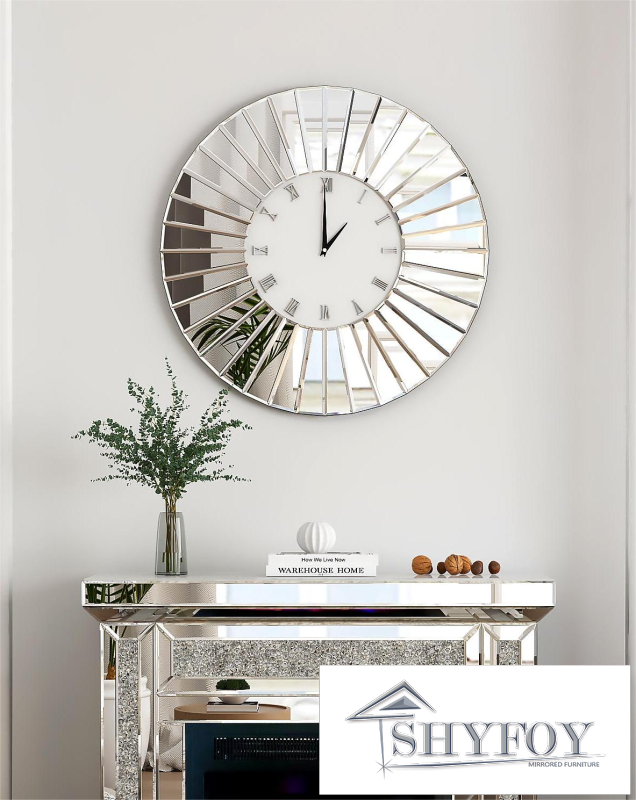 SHYFOY Mirrored Wall Clocks Decor Sparkly Big Decorative Wall Clock - Round Modern Silver Glass Frame for Living Room Decoration Home Decor -
