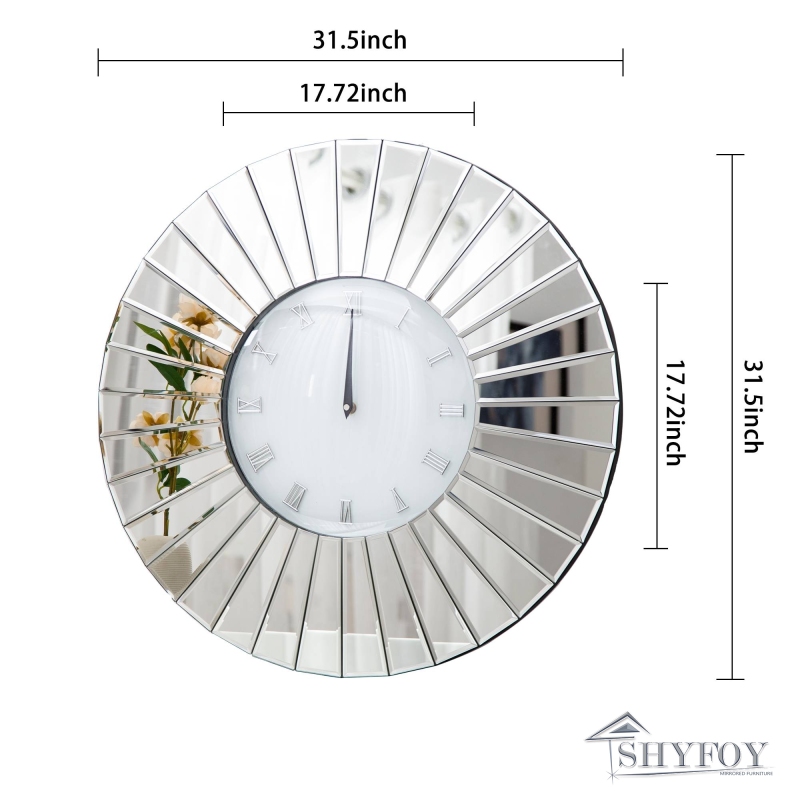 SHYFOY Mirrored Wall Clocks Decor Sparkly Big Decorative Wall Clock - Round Modern Silver Glass Frame for Living Room Decoration Home Decor -