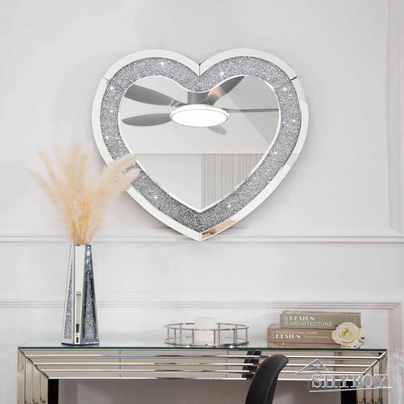 SHYFOY Heart Mirror for Wall Decor, Large Heart-Shape Wall Mirrors Crushed Diamond Decorative Crystal Wall Decor Mirrors for Living Room Bedroom Vanit