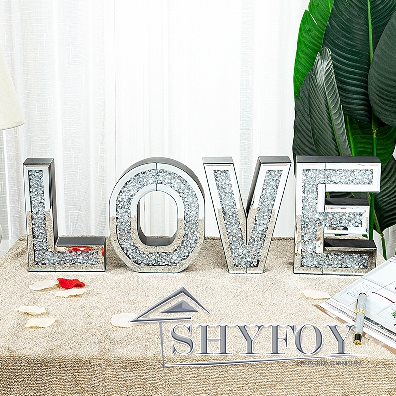 SHYFOY Love Letter Sign Living Room Decor, Mirrored Love Home Decoration for Tabletop & Wall-Mount, Crystal Diamond Decorative Wall Mirrors Set for We