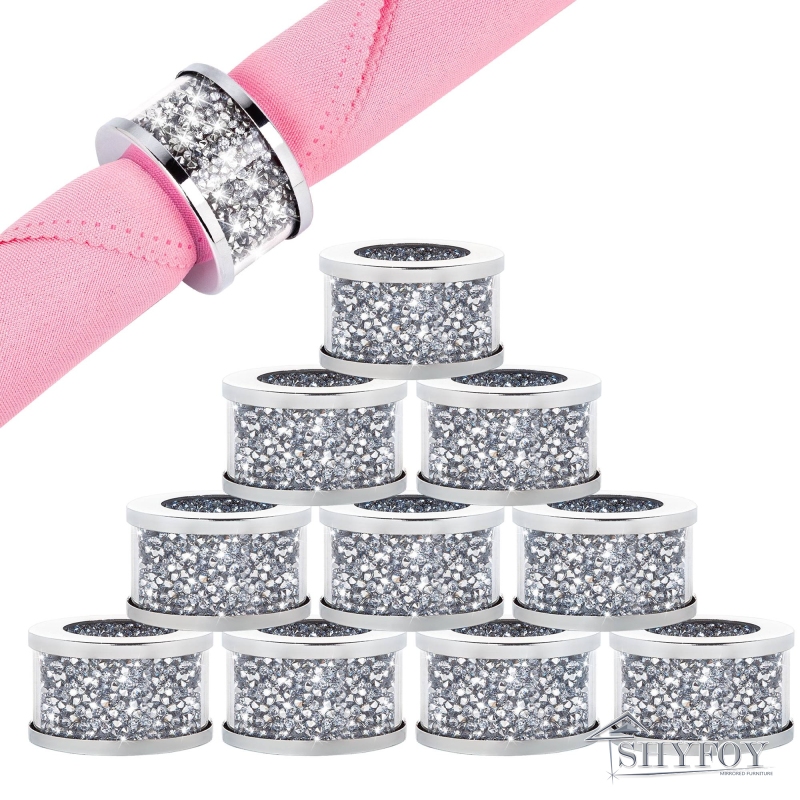 SHYFOY Napkin Rings Silver Set of 10, Bling Cloth Holder Full of Crushed Diamond for Dinner Party, Wedding, Easter, Holiday, Christmas, Thanksgiving,G