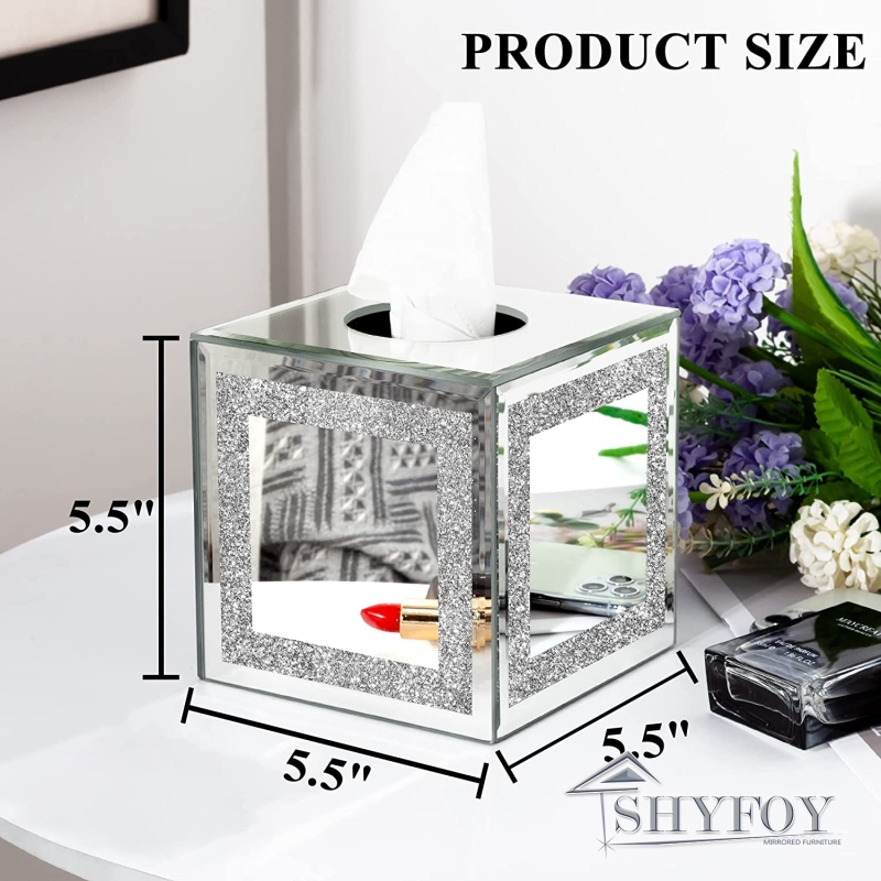 SHYFOY Square Mirror Tissue Box Holder, Glitter Decorative Glass Tissue Box Cover with Magnetic Closure, Silver Mirrored Tissue Box Holders Paper Case
