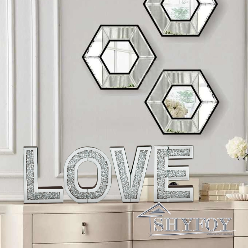 SHYFOY Love Letter Sign Living Room Decor, Mirrored Love Home Decoration for Tabletop & Wall-Mount, Crystal Diamond Decorative Wall Mirrors Set for We