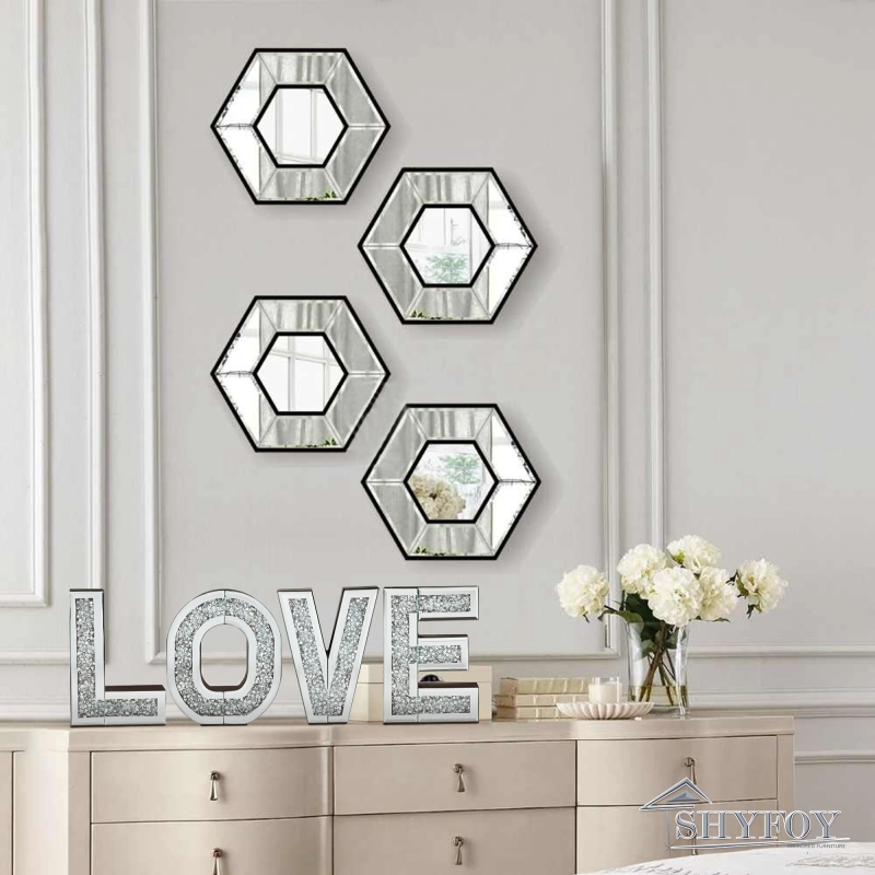 SHYFOY Love Letter Sign Living Room Decor, Mirrored Love Home Decoration for Tabletop & Wall-Mount, Crystal Diamond Decorative Wall Mirrors Set for We
