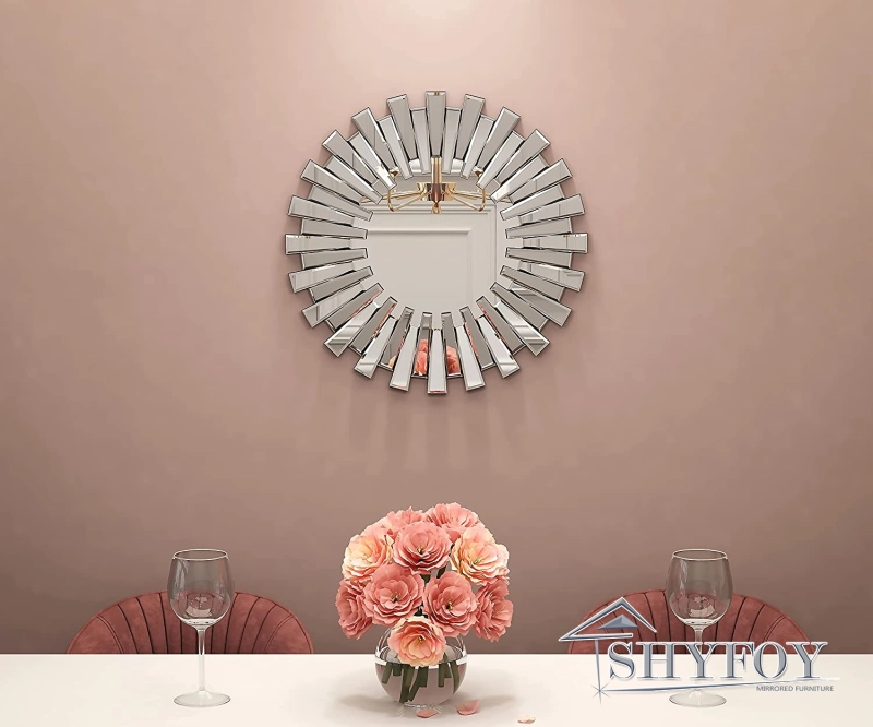 SHYFOY 24 inch Wall Mirrors Decorative Round Sunburst Mirror for Wall Decor Modern Silver Glass, Wall-Mounted Beveled Hanging Circle Accents Mirror fo