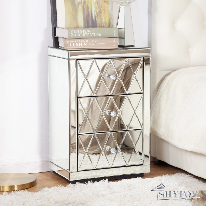 SHYFOY Mirrored Nightstand with 3 Drawers, Silver Bed Side Table/Night Stand with Grid Design, Mirror Finished Modern Accent Bedside Table, Glass Nigh