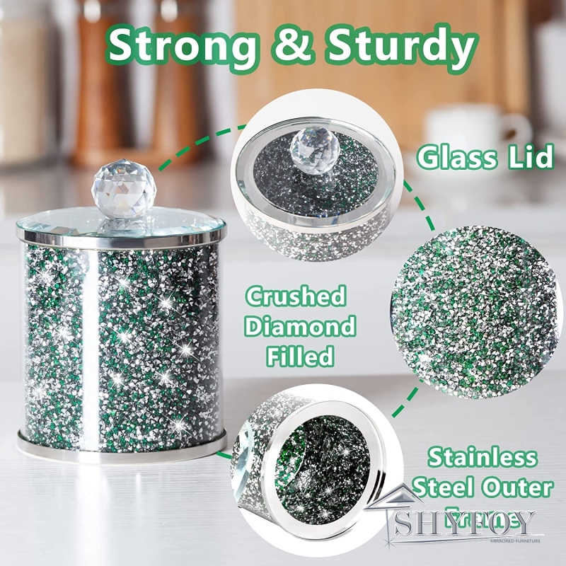 SHYFOY Glass Food Storage Containers 36oz Set of 3 with Lid for Kitchen Counter, Coffee Sugar Tea Canisters, Green Crushed Diamond Kitchen Decor, Cott