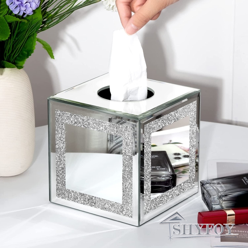 SHYFOY Square Mirror Tissue Box Holder, Glitter Decorative Glass Tissue Box Cover with Magnetic Closure, Silver Mirrored Tissue Box Holders Paper Case