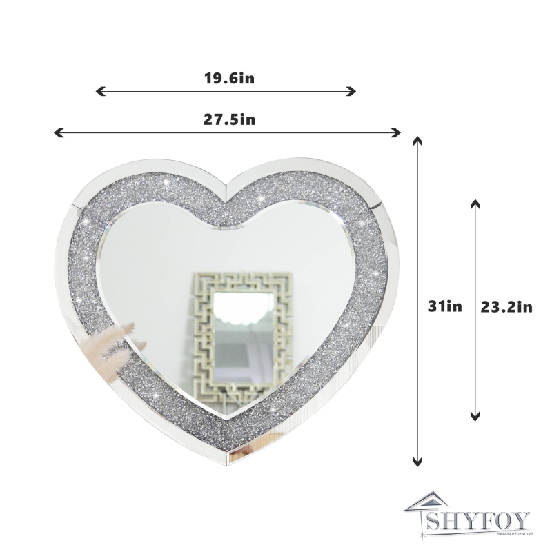 SHYFOY Heart Mirror for Wall Decor, Large Heart-Shape Wall Mirrors Crushed Diamond Decorative Crystal Wall Decor Mirrors for Living Room Bedroom Vanit