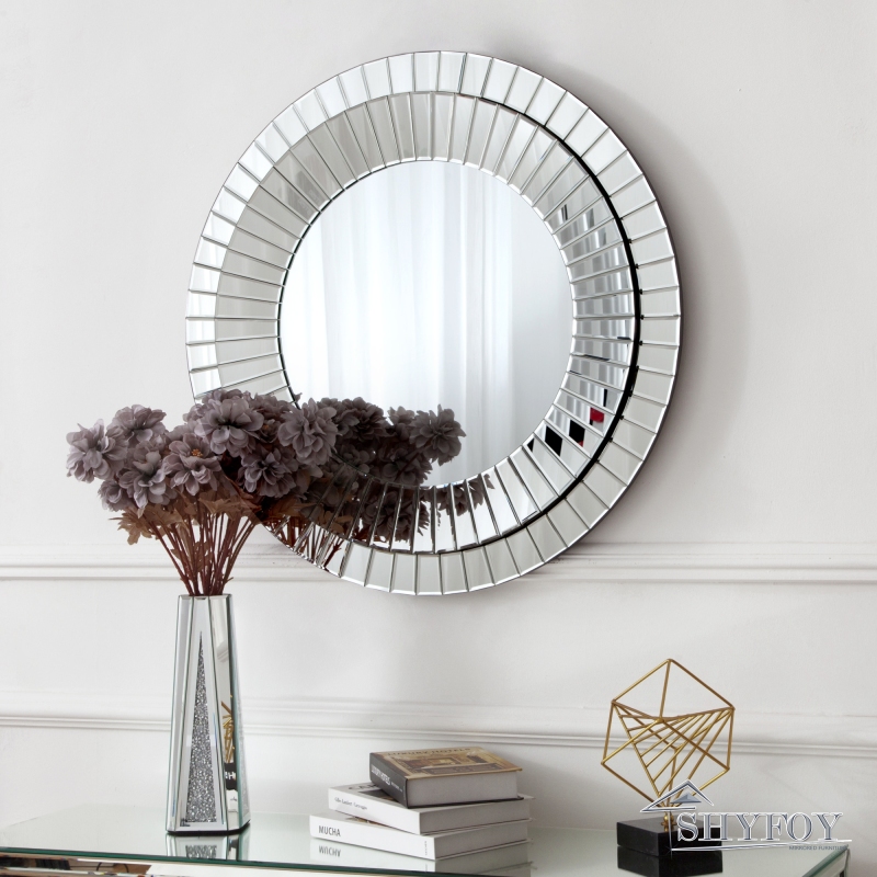 SHYFOY Silver Round Wall Mirror Decorative for Vanity &amp; Living Room Decor, 31.5'' Circle Accent Wall Mirrors Glass Beveled Frame, Mirror for Wall Home