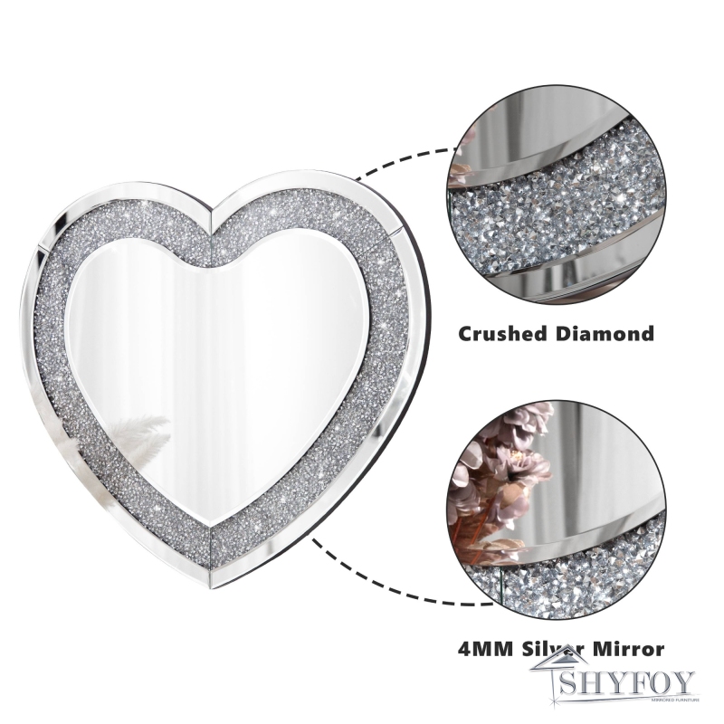 SHYFOY Heart Mirror for Wall Decor, Large Heart-Shape Wall Mirrors Crushed Diamond Decorative Crystal Wall Decor Mirrors for Living Room Bedroom Vanit