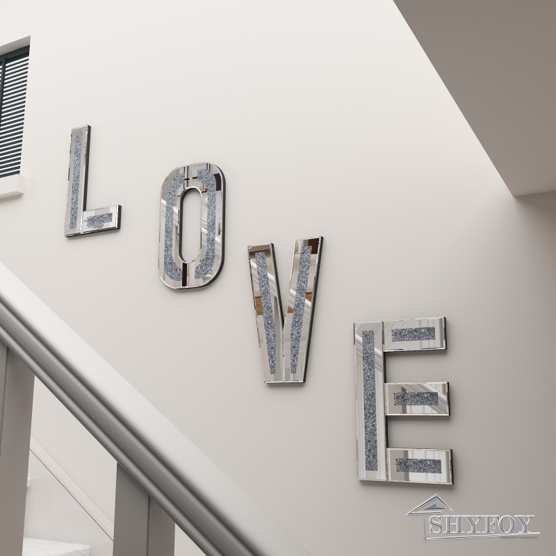 SHYFOY Mirrored Love Letters Living Room Wall Decor - 20in Big Size Crushed Diamond Mirror Set Sparkly Silver Home Decor, Love Sign Crystal Wall Art D