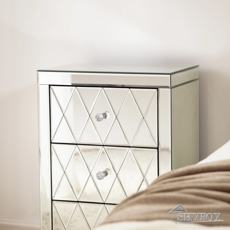 SHYFOY Mirrored Nightstand with 3 Drawers, Silver Bed Side Table/Night Stand with Grid Design, Mirror Finished Modern Accent Bedside Table, Glass Nigh