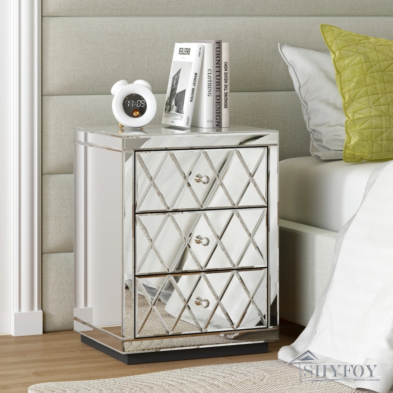 SHYFOY Mirrored Nightstand with 3 Drawers, Silver Bed Side Table/Night Stand with Grid Design, Mirror Finished Modern Accent Bedside Table, Glass Nigh