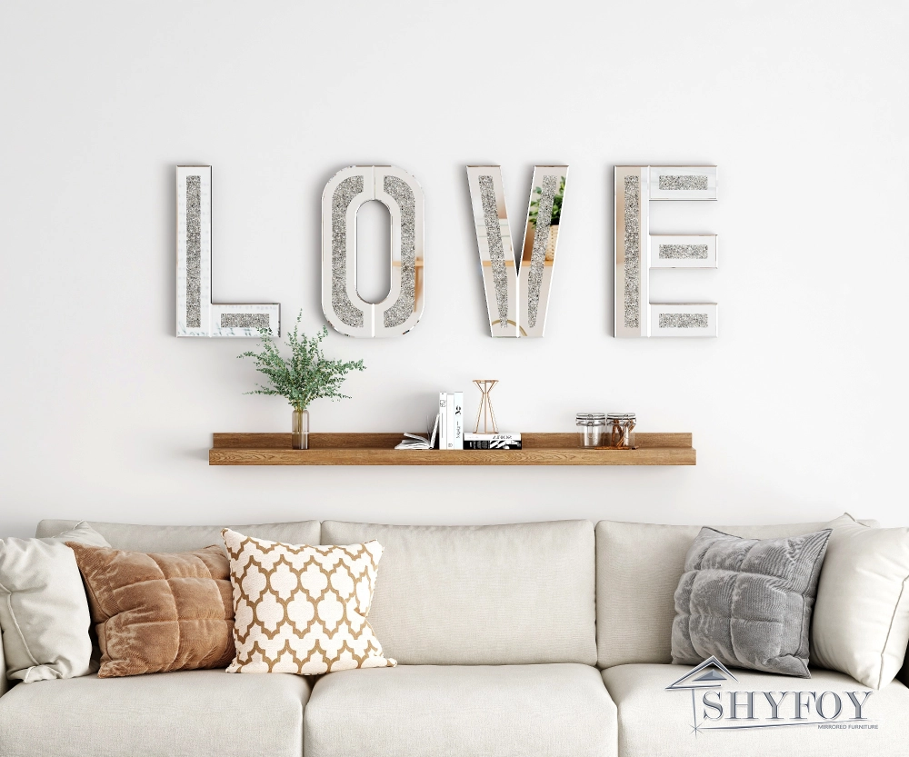 SHYFOY Mirrored Love Letters Living Room Wall Decor - 20in Big Size Crushed  Diamond Mirror Set Sparkly Silver Home Decor, image size:1000x833