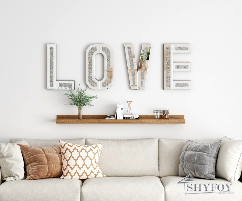 SHYFOY Mirrored Love Letters Living Room Wall Decor - 20in Big Size Crushed Diamond Mirror Set Sparkly Silver Home Decor, Love Sign Crystal Wall Art D