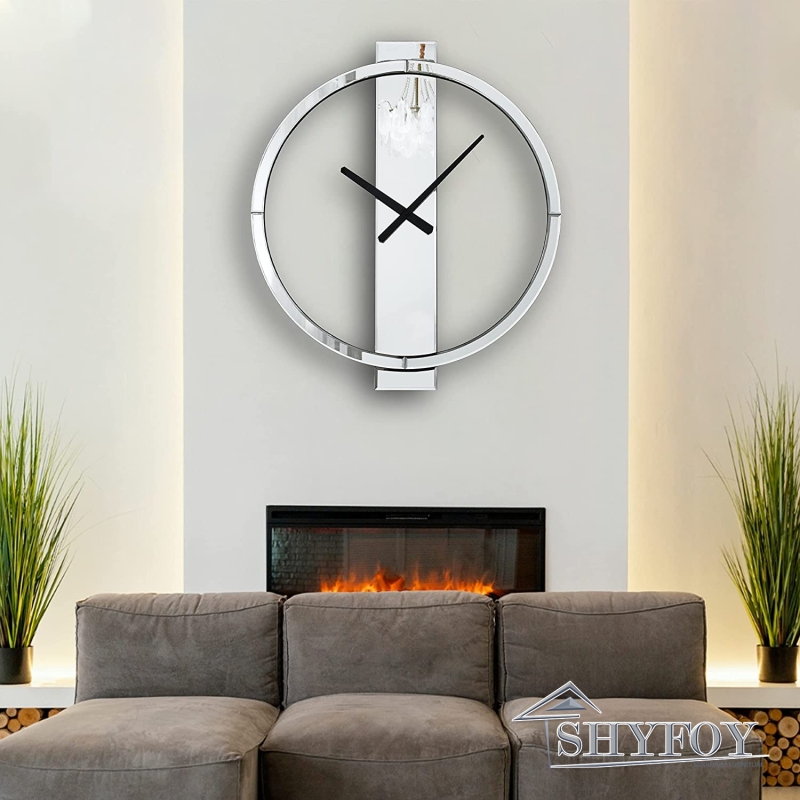 SHYFOY Wall Clock Decorative Large Clock Living Room Decor - 23&quot; All Mirror Glass Finish Big Modern Clock for Wall Round Wall Decor for Office Bedroom