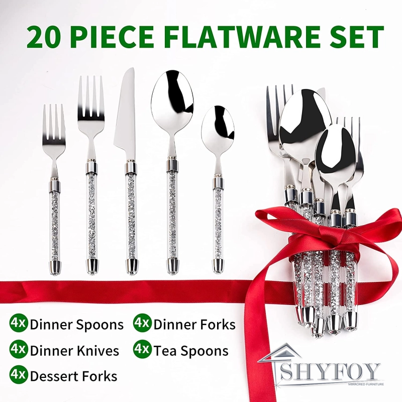 SHYFOY 20PCS Stainless Steel Silverware Set, Luxury Crushed Diamond Party Decor Flatware, Mirror Polished Cutlery Utensil Set, Durable Home Eating Kit