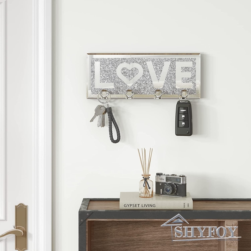 SHYFOY Mirrored Key Holder for Wall Decorative LOVE Letter Sign Plaque Key Hanger for Wall Decor, Glitter Key Rack Wall Hanger with 4 Crystal Hooks fo