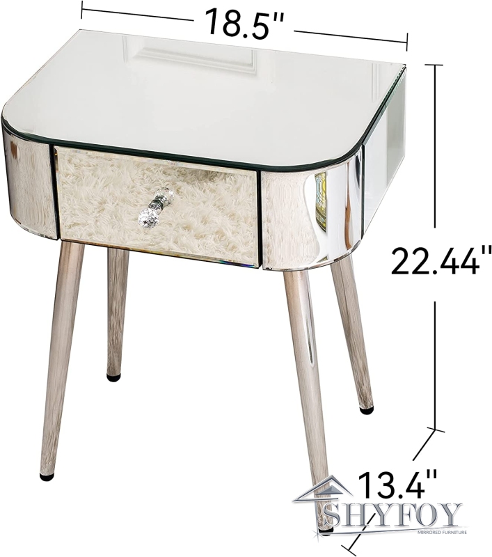 SHYFOY Modern Side Table Mirrored Table Top, 1 Drawer Silver Accent Table with Curved Corners, Shiny Silver Legs for Living Room Bedroom / SF-ST123