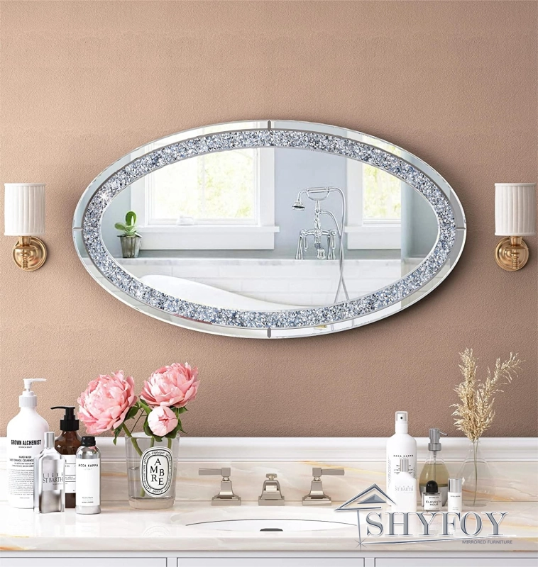 SHYFOY Oval Long Wall Mirror for Living Room Decor, 36" L x 23" W Decorative Mirrors for Wall, Faux Diamond Frameless Design Accent Large Mirror Luxur