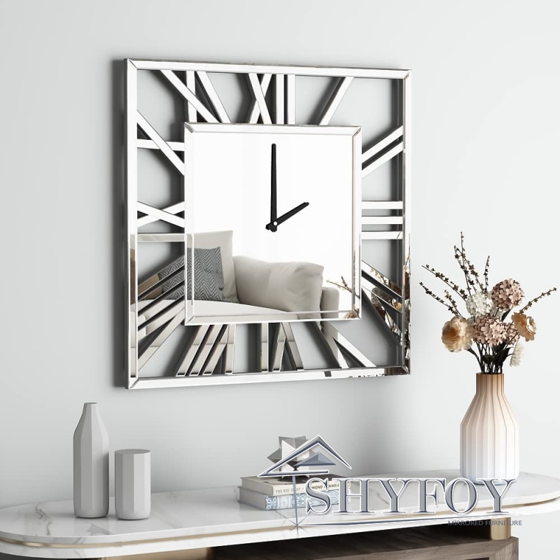 SHYFOY 32'' Decorative Wall Clocks for Living Room Decor - Mirrored Modern Wall Clock with Roman Numerals Frame Large Clocks for Wall Silver Home Deco