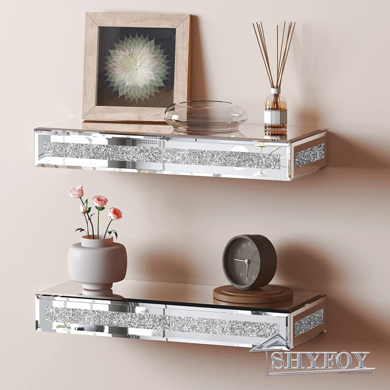 SHYFOY Mirrored Floating Shelves Wall Mounted Set of 2, Glitter Glass  Mirror Storage Wall Shelves for