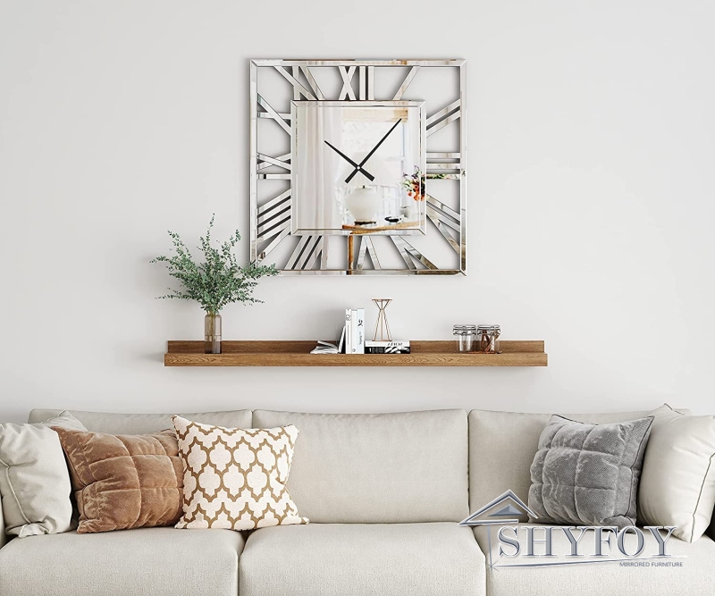 SHYFOY 32'' Decorative Wall Clocks for Living Room Decor - Mirrored Modern Wall Clock with Roman Numerals Frame Large Clocks for Wall Silver Home Deco