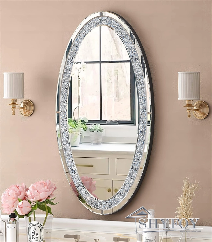 SHYFOY Oval Long Wall Mirror for Living Room Decor, 36" L x 23" W Decorative Mirrors for Wall, Faux Diamond Frameless Design Accent Large Mirror Luxur