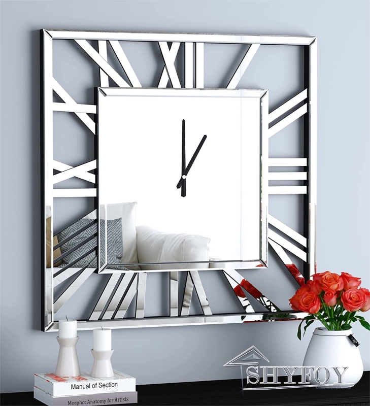 SHYFOY 32'' Decorative Wall Clocks for Living Room Decor - Mirrored Modern Wall Clock with Roman Numerals Frame Large Clocks for Wall Silver Home Deco