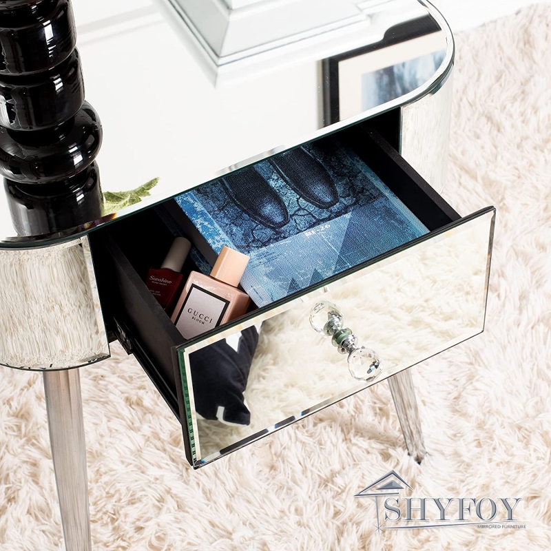 SHYFOY Modern Side Table Mirrored Table Top, 1 Drawer Silver Accent Table with Curved Corners, Shiny Silver Legs for Living Room Bedroom / SF-ST123