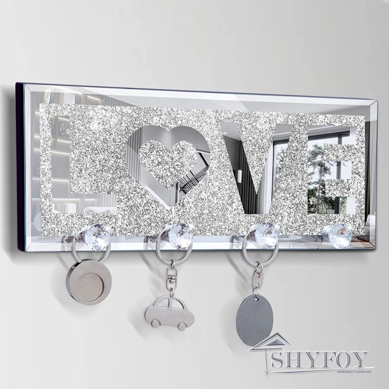 SHYFOY Mirrored Key Holder for Wall Decorative LOVE Letter Sign Plaque Key Hanger for Wall Decor, Glitter Key Rack Wall Hanger with 4 Crystal Hooks fo
