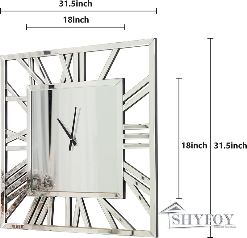 SHYFOY 32'' Decorative Wall Clocks for Living Room Decor - Mirrored Modern Wall Clock with Roman Numerals Frame Large Clocks for Wall Silver Home Deco