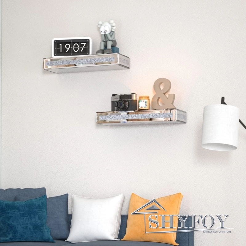 SHYFOY Mirrored Floating Shelves Wall Mounted Set of 2, Glitter Glass Mirror Storage Wall Shelves for Bedroom, Living Room, Bathroom, Kitchen, Office 