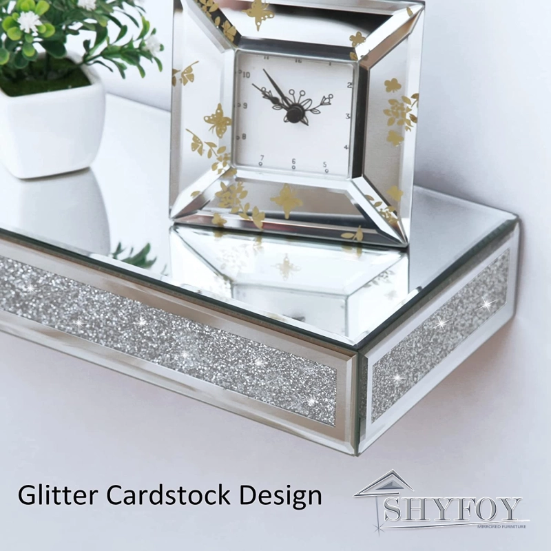 SHYFOY Mirrored Floating Shelves Wall Mounted Set of 2, Glitter Glass Mirror Storage Wall Shelves for Bedroom, Living Room, Bathroom, Kitchen, Office 
