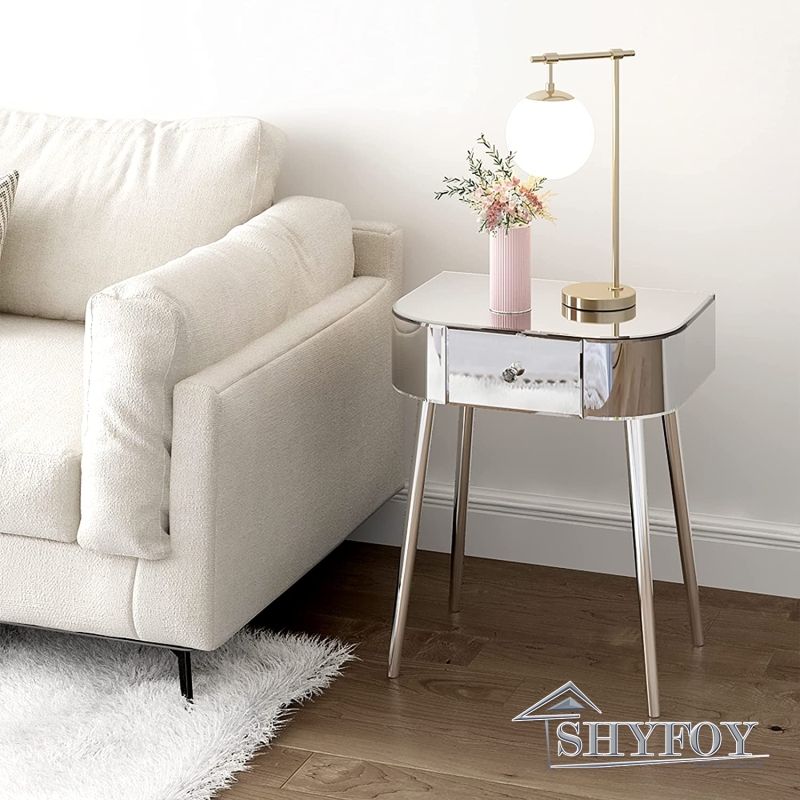 SHYFOY Modern Side Table Mirrored Table Top, 1 Drawer Silver Accent Table with Curved Corners, Shiny Silver Legs for Living Room Bedroom / SF-ST123