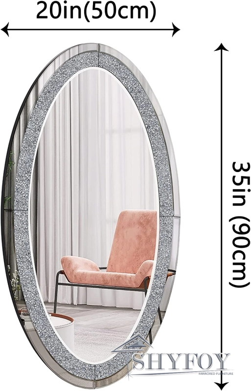 SHYFOY Oval Long Wall Mirror for Living Room Decor, 36" L x 23" W Decorative Mirrors for Wall, Faux Diamond Frameless Design Accent Large Mirror Luxur