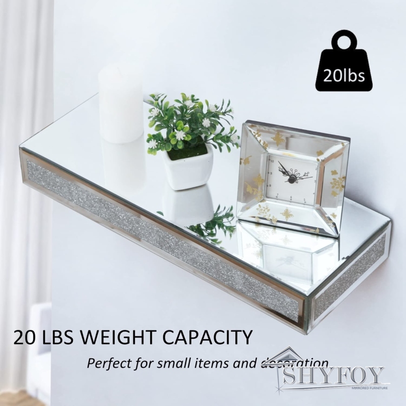 SHYFOY Mirrored Floating Wall Shelf, Beveled Mirror Wall Mounted Bookshelf for Bedroom/ Laundry room / SF-MP075