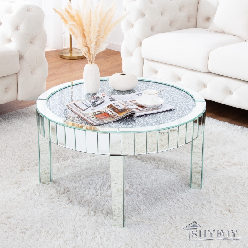 SHYFOY Diamonds Mirrored 4 Legs Glass Round Coffee Table / SF-CF094